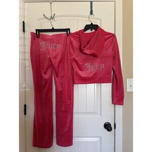 NWT JUICY COUTURE Size S Velour Bling Tracksuit Hoodie/Pants Watermelon Pink Y2K